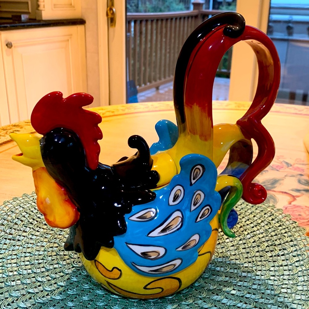 New 2012 Funky Rooster Teapot Blue Sky Clayworks